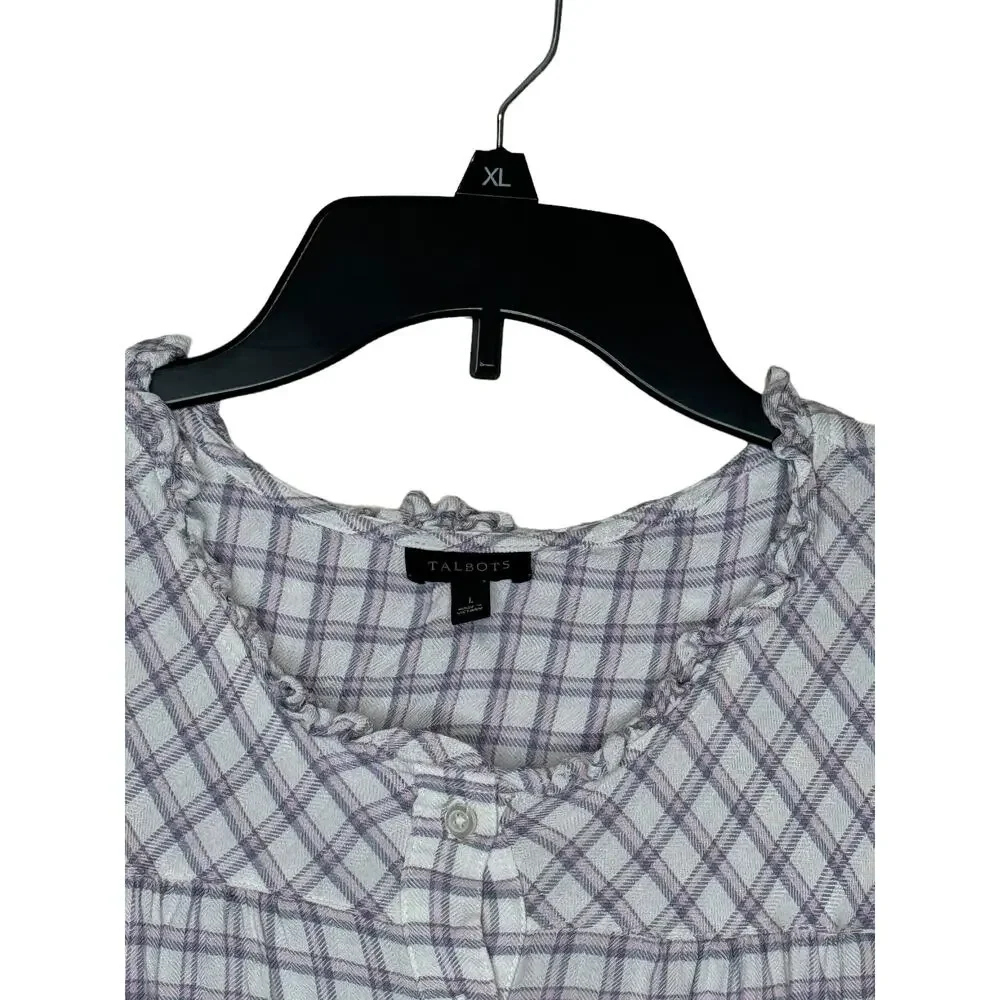 Talbots Women's Top‎ Ruffle Neck Plaid Rayon Button Long Sleeve Pink/Gray Large